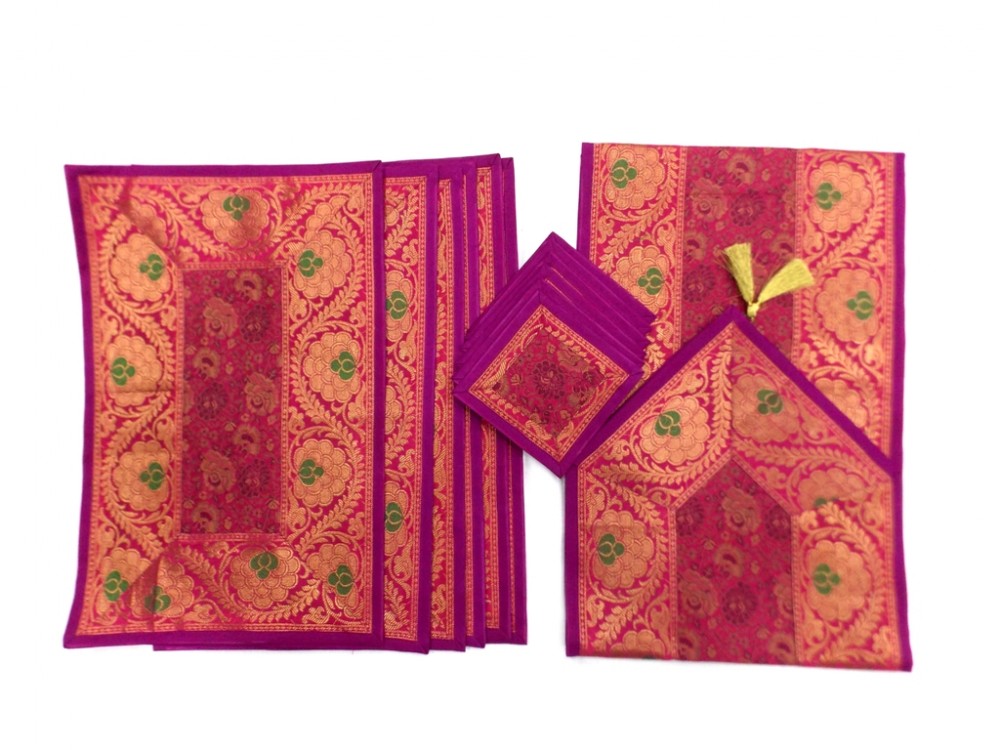 Indian Silk Table Runner with 6 Placemats & 6 Coaster in Pink Color Size 16x62